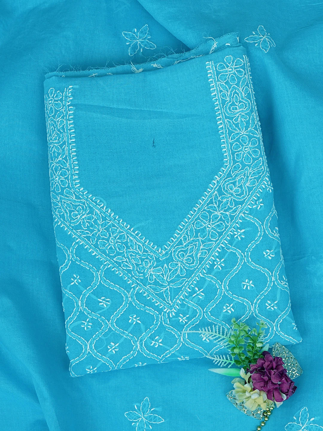 Ada Hand Embroidered Blue Cotton Lucknowi Chikankari Unstitched Suit Piece 01A882357