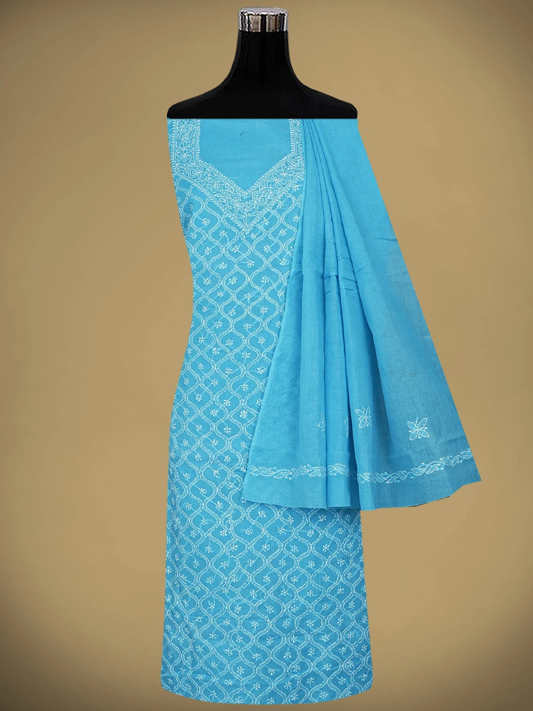Ada Hand Embroidered Blue Cotton Lucknowi Chikankari Unstitched Suit Piece 01A882357