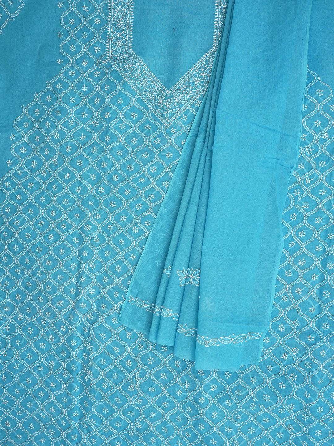 Ada Hand Embroidered Blue Cotton Lucknowi Chikankari Unstitched Suit Piece 01A882357