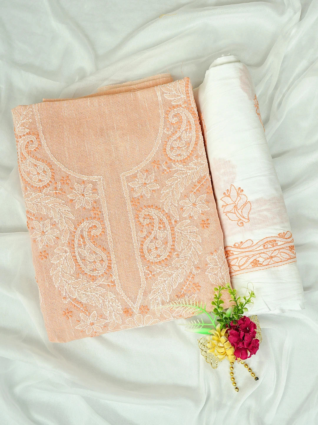 Ada Hand Embroidered Peach Linen Lucknowi Chikankari Unstitched Suit Piece 01A885295