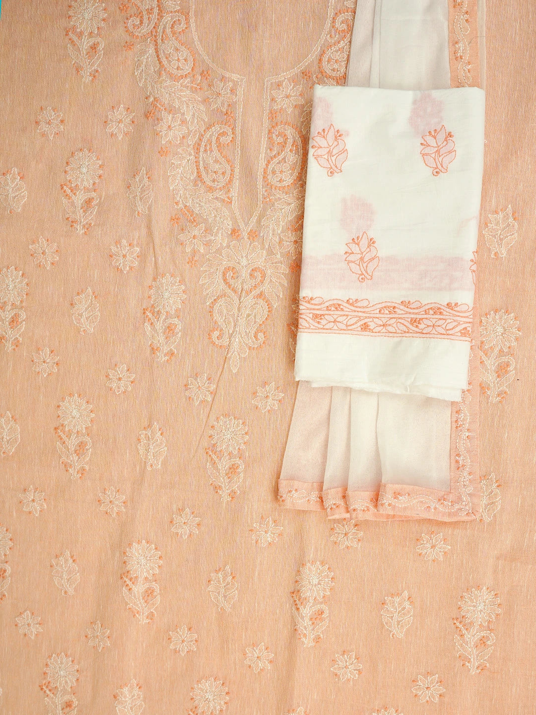 Ada Hand Embroidered Peach Linen Lucknowi Chikankari Unstitched Suit Piece 01A885295