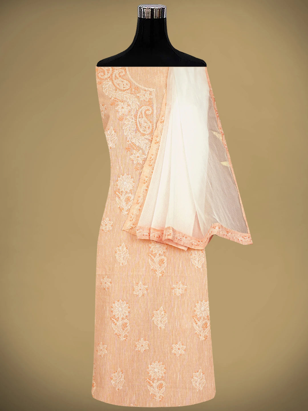 Ada Hand Embroidered Peach Linen Lucknowi Chikankari Unstitched Suit Piece 01A885295