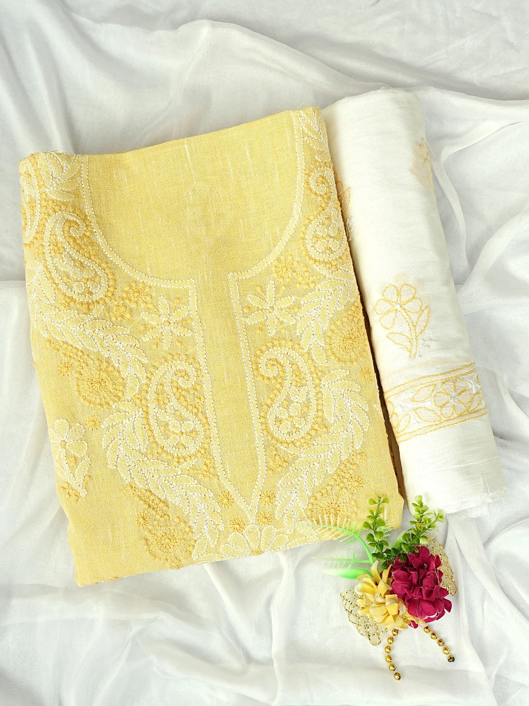 Ada Hand Embroidered Yellow Linen Lucknowi Chikankari Unstitched Suit Piece 01A885292