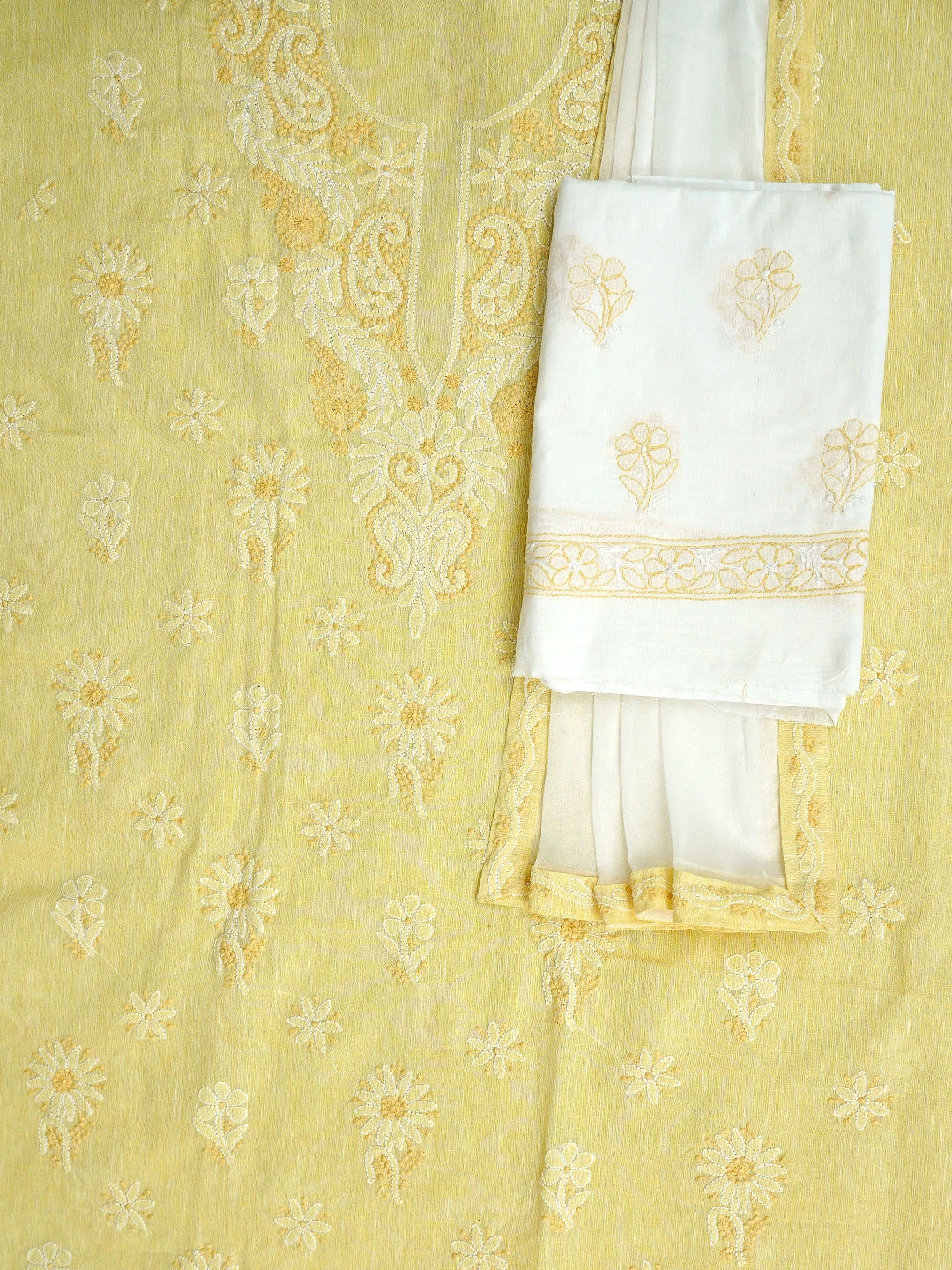 Ada Hand Embroidered Yellow Linen Lucknowi Chikankari Unstitched Suit Piece 01A885292