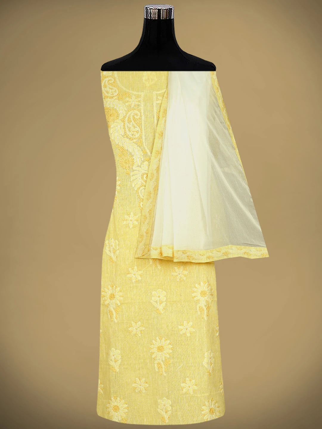 Ada Hand Embroidered Yellow Linen Lucknowi Chikankari Unstitched Suit Piece 01A885292
