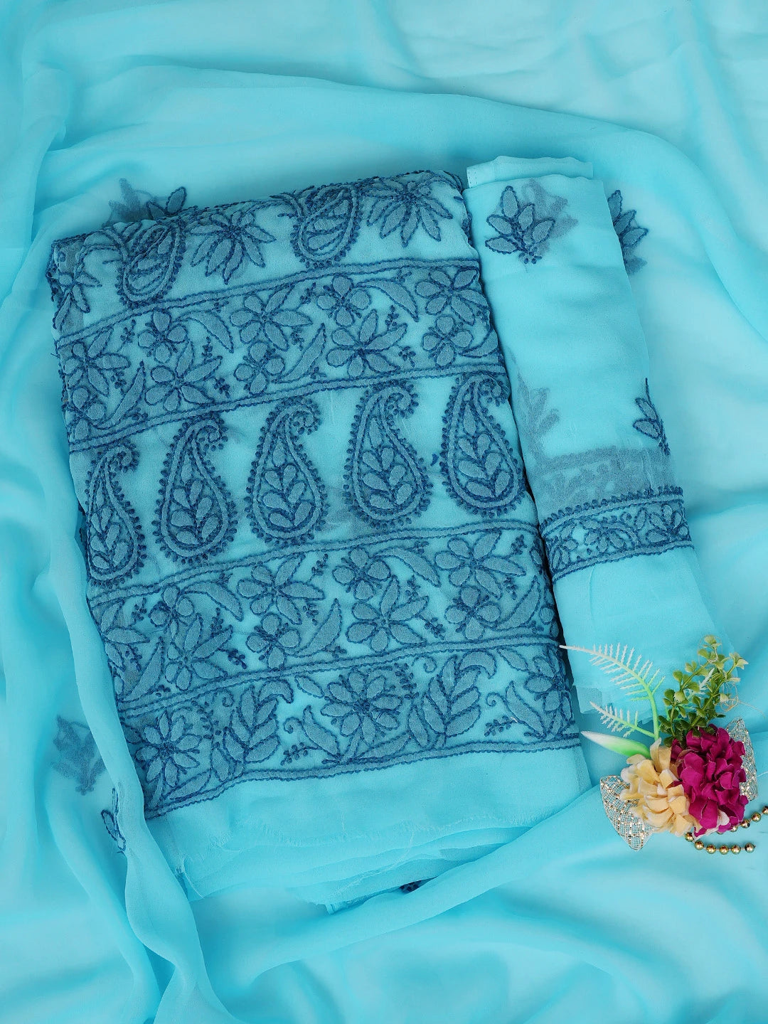Ada Hand Embroidered Blue(Munsell) Georgette Lucknowi Chikankari Unstitched Suit Piece 01A880691