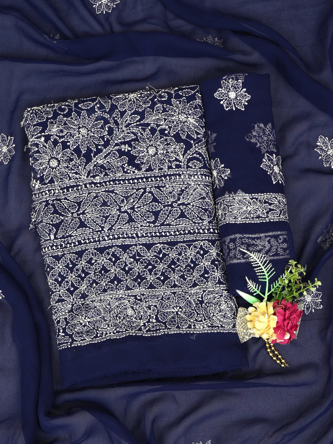 Ada Hand Embroidered Navy Blue Georgette Lucknowi Chikankari Unstitched Suit Piece 01A878904