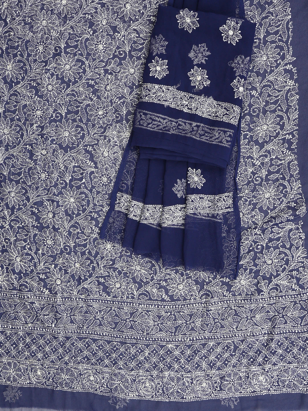 Ada Hand Embroidered Navy Blue Georgette Lucknowi Chikankari Unstitched Suit Piece 01A878904