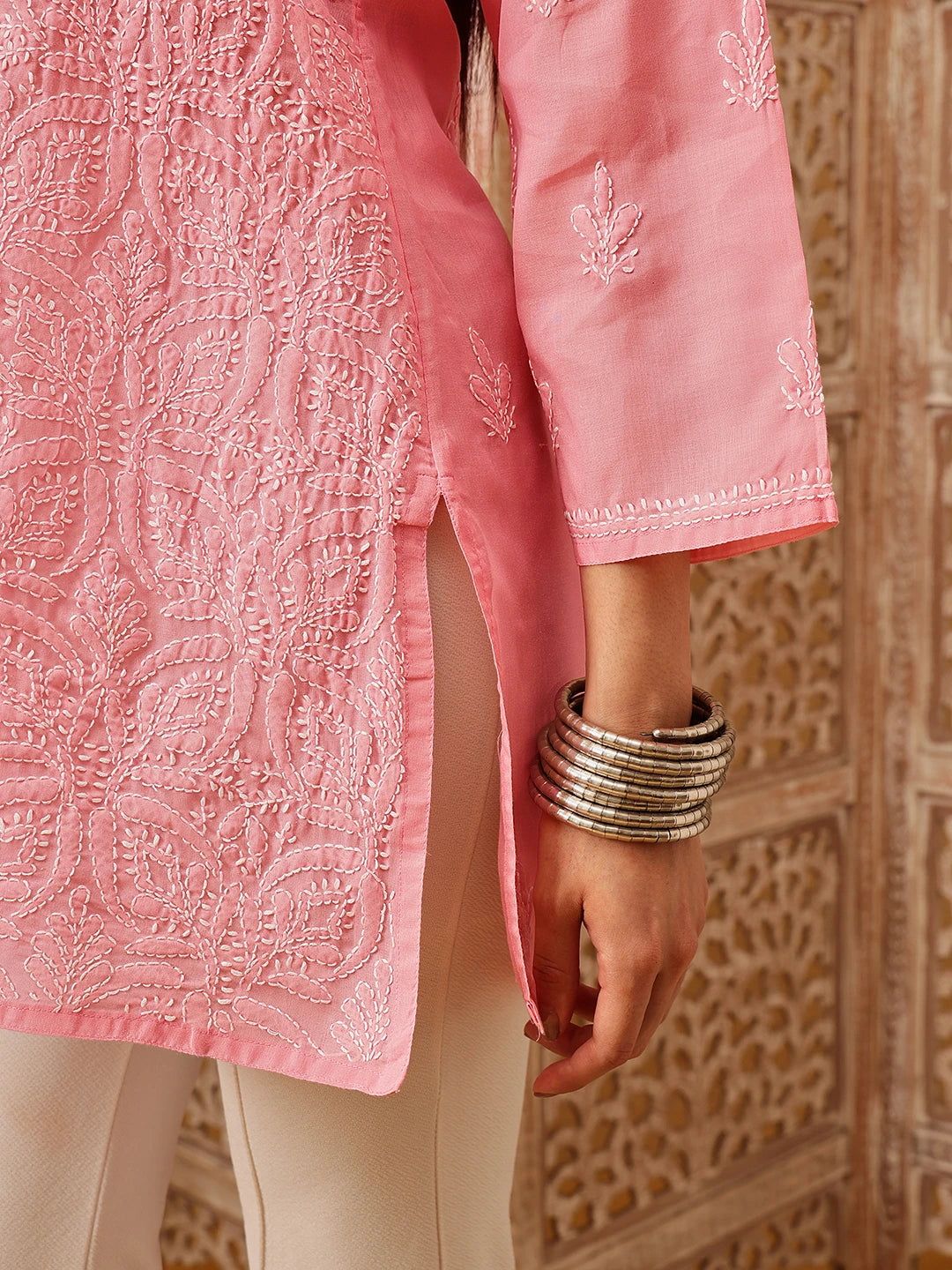 Ada Hand Embroidered Peach Cotton Lucknowi Chikankari Straight Kurti A911553