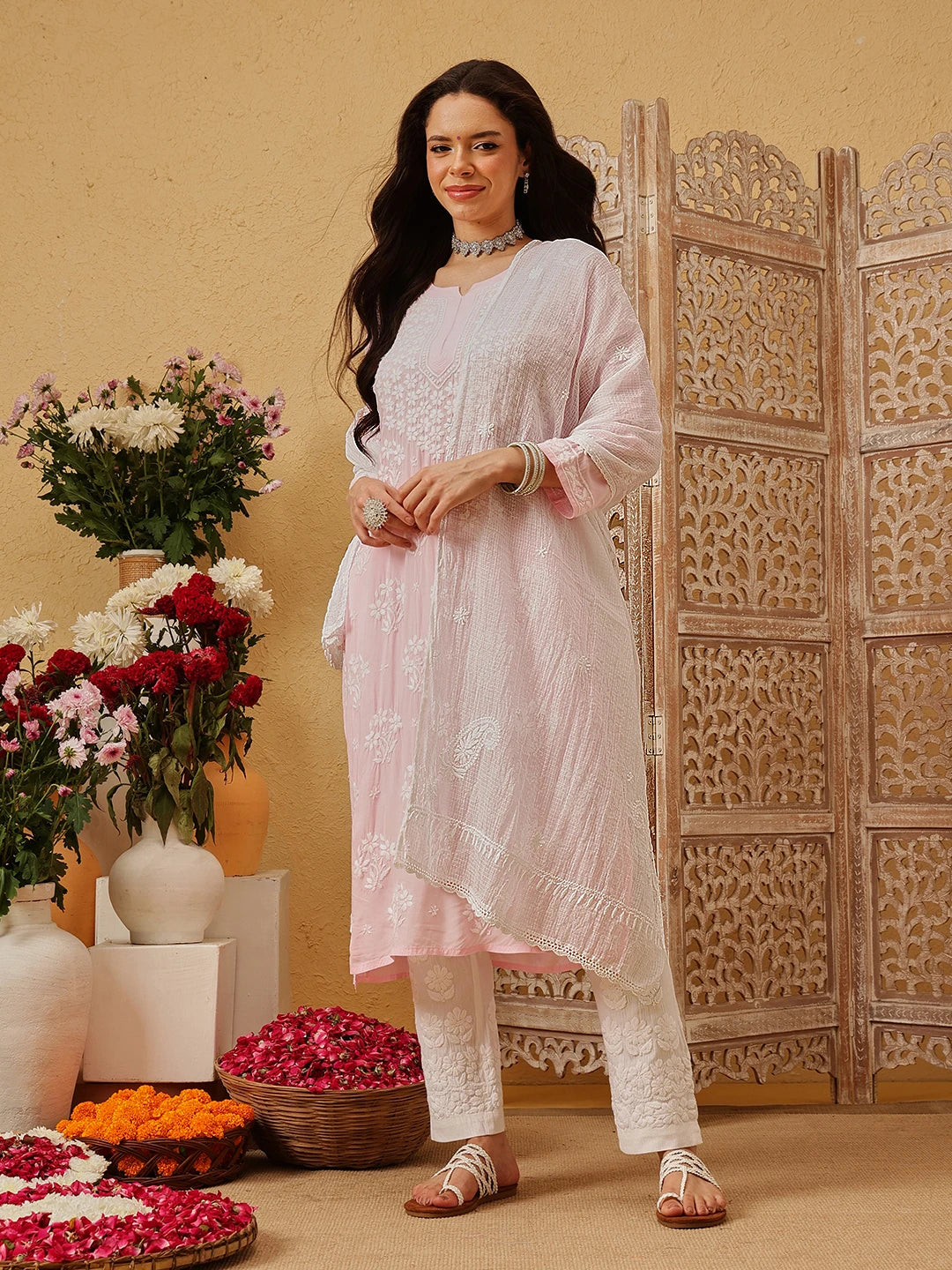Ada Hand Embroidered White Kota Lucknowi Chikankari Stole A511232