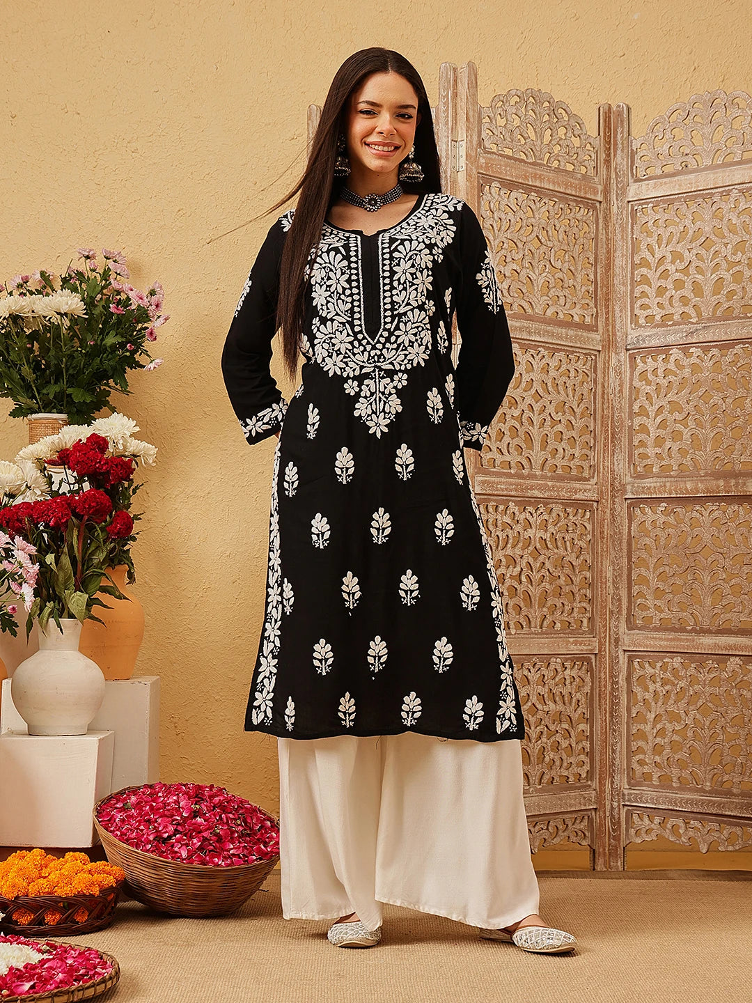 Ada Hand Embroidered Black Rayon Lucknowi Chikankari Straight Kurta A411733