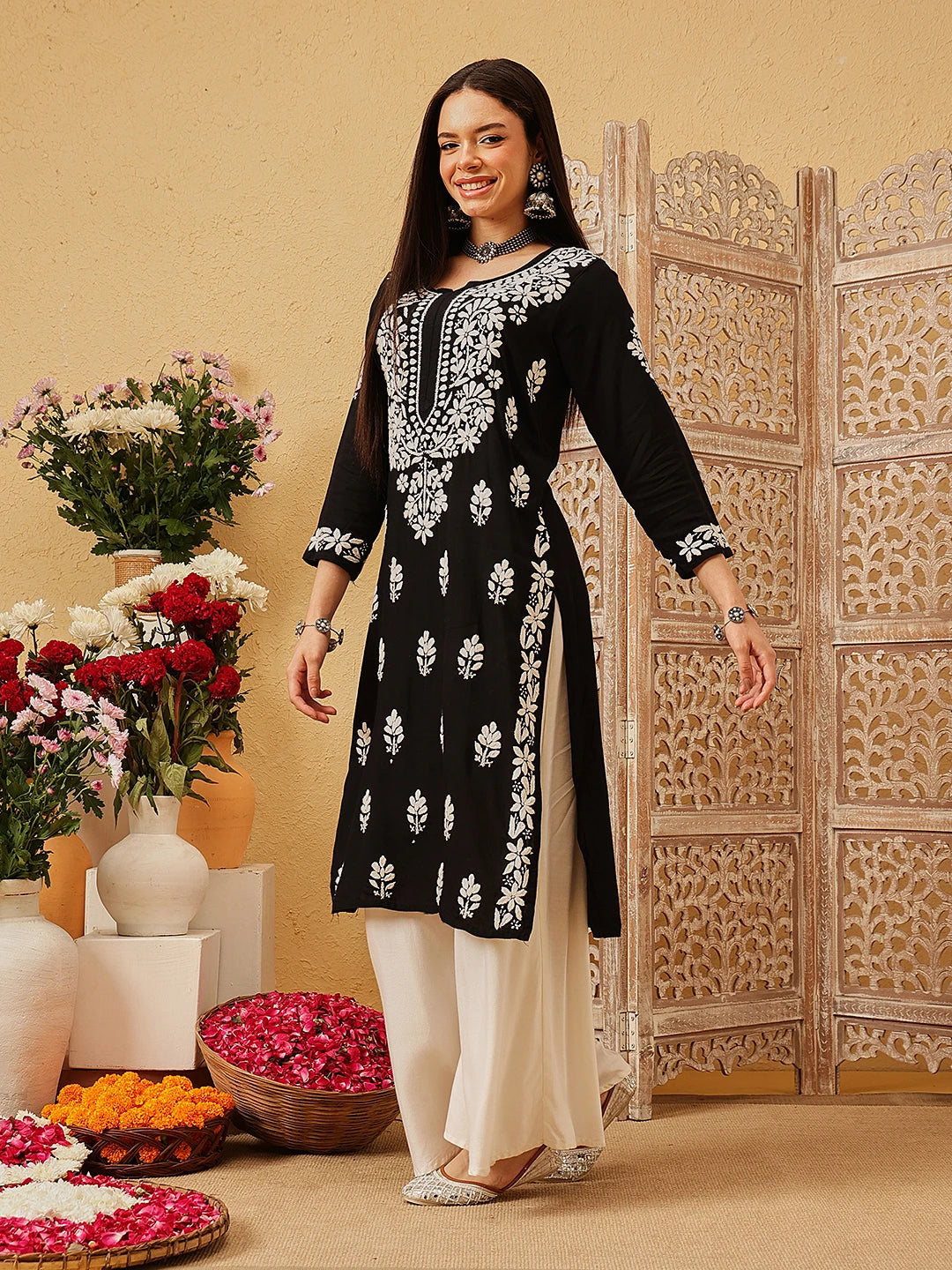 Ada Hand Embroidered Black Rayon Lucknowi Chikankari Straight Kurta A411733