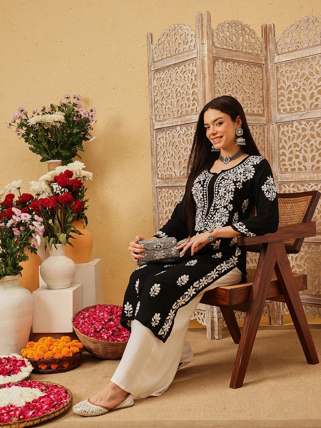 Ada Hand Embroidered Black Rayon Lucknowi Chikankari Straight Kurta A411733