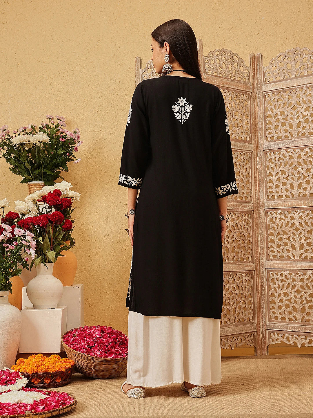 Ada Hand Embroidered Black Rayon Lucknowi Chikankari Straight Kurta A411733