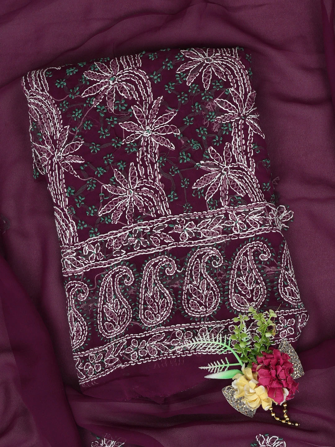 Ada Hand Embroidered Wine Georgette Lucknowi Chikankari Unstitched Suit Piece 01A872269