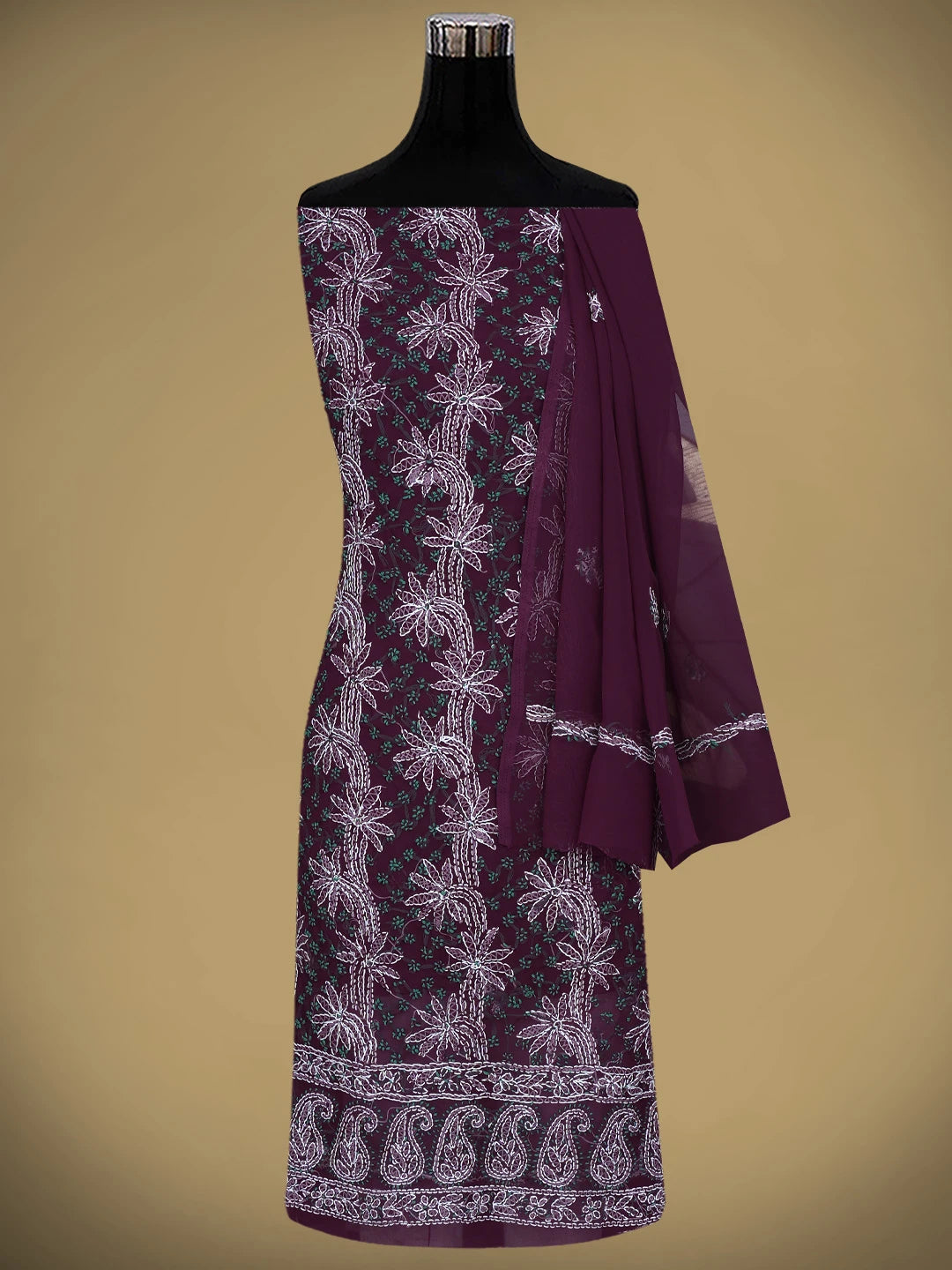 Ada Hand Embroidered Wine Georgette Lucknowi Chikankari Unstitched Suit Piece 01A872269