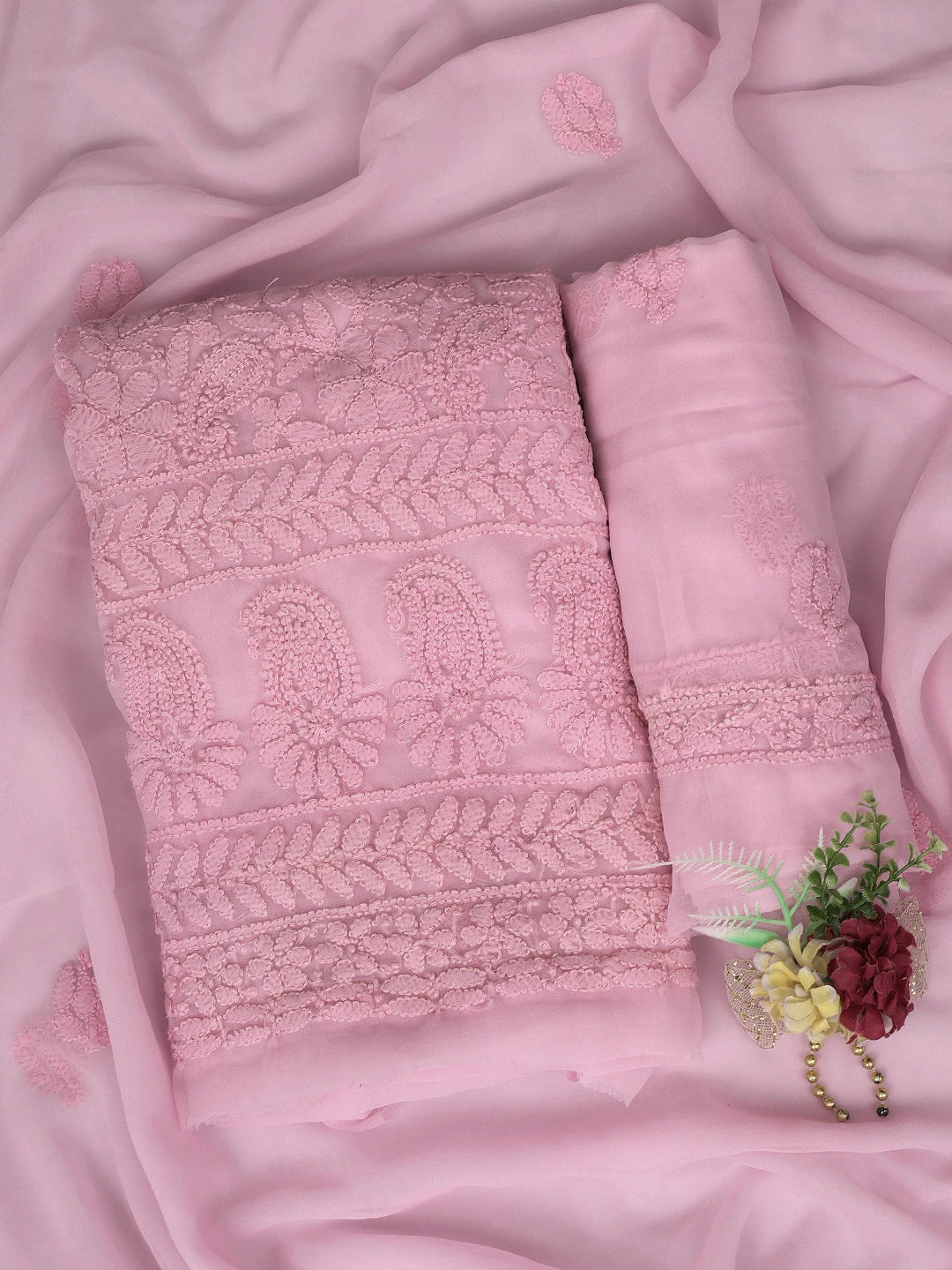 Ada Hand Embroidered Pink Georgette Lucknowi Chikankari Unstitched Suit Piece 01A880689
