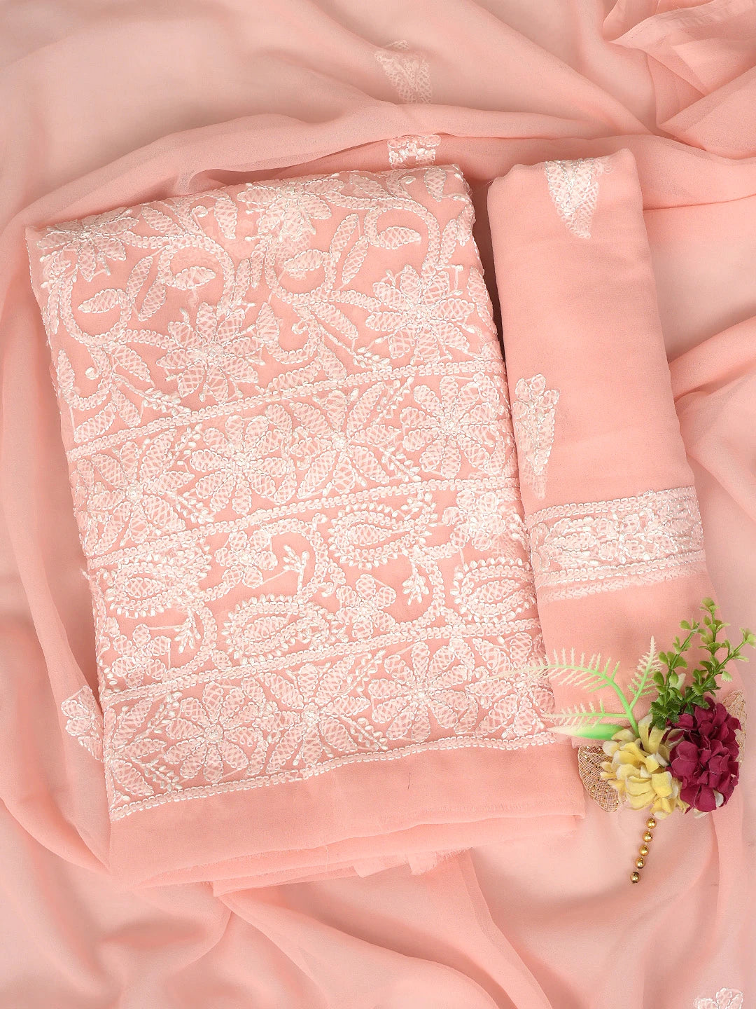 Ada Hand Embroidered Peach Georgette Lucknowi Chikankari Unstitched Suit Piece 01A878923