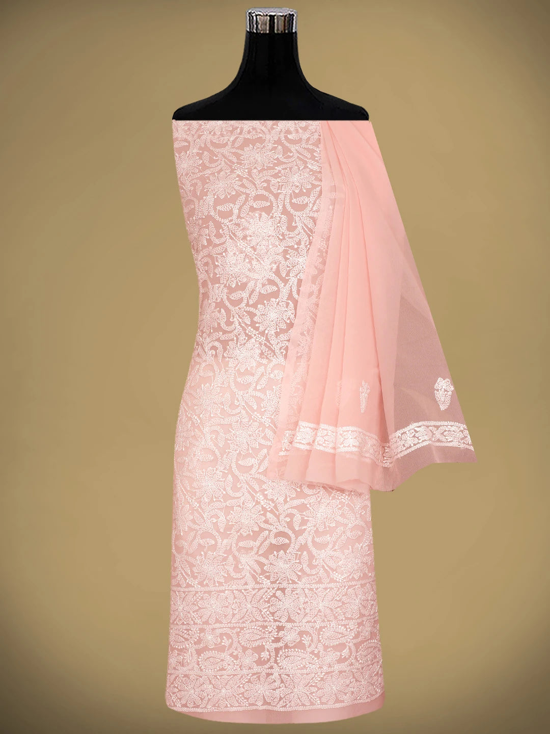 Ada Hand Embroidered Peach Georgette Lucknowi Chikankari Unstitched Suit Piece 01A878923