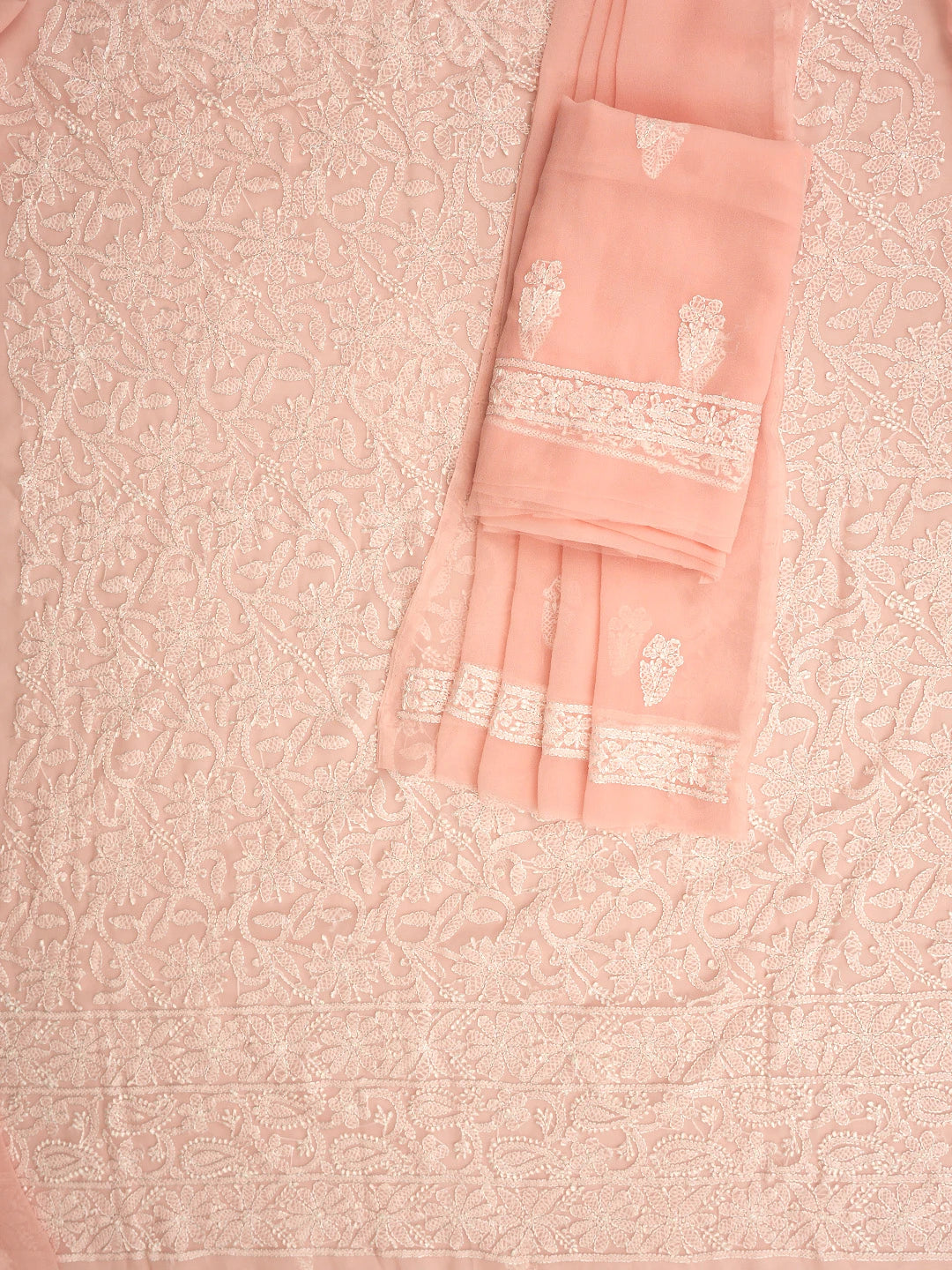 Ada Hand Embroidered Peach Georgette Lucknowi Chikankari Unstitched Suit Piece 01A878923