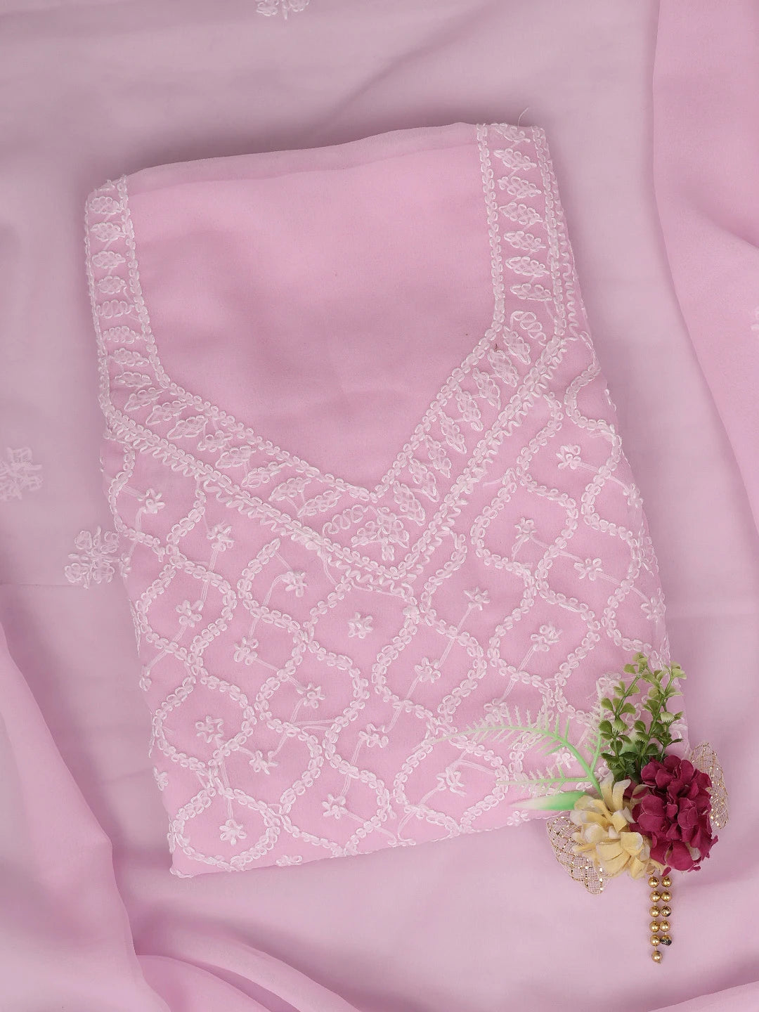 Ada Hand Embroidered Pink Georgette Lucknowi Chikankari Unstitched Suit Piece 01A879377