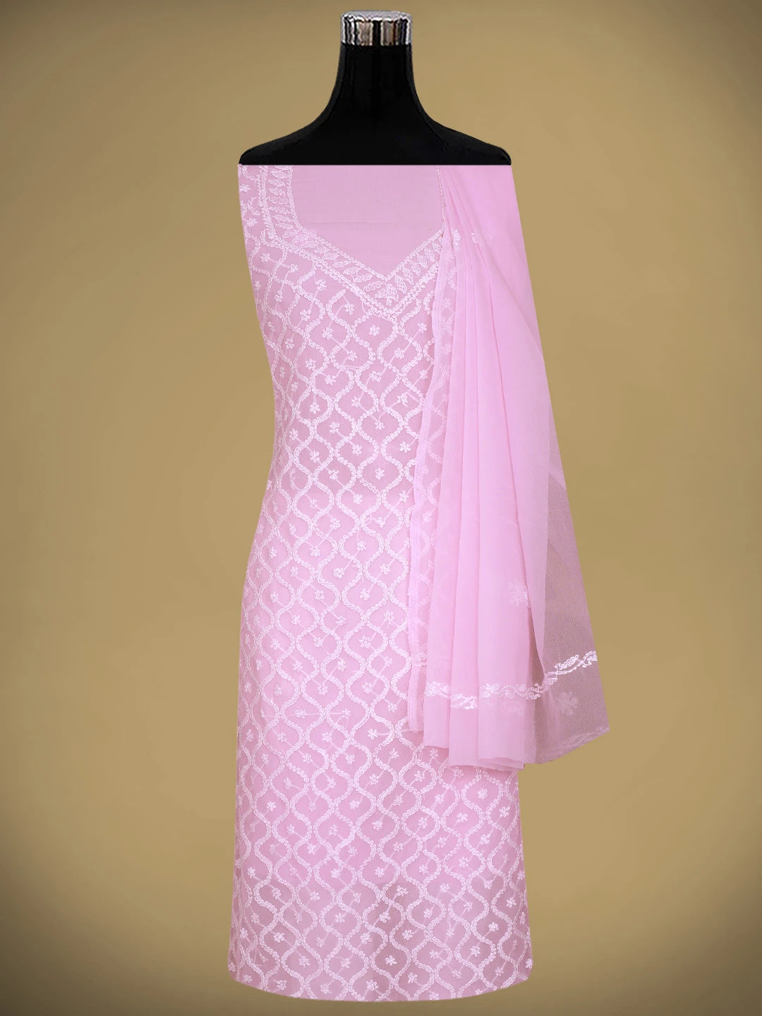 Ada Hand Embroidered Pink Georgette Lucknowi Chikankari Unstitched Suit Piece 01A879377