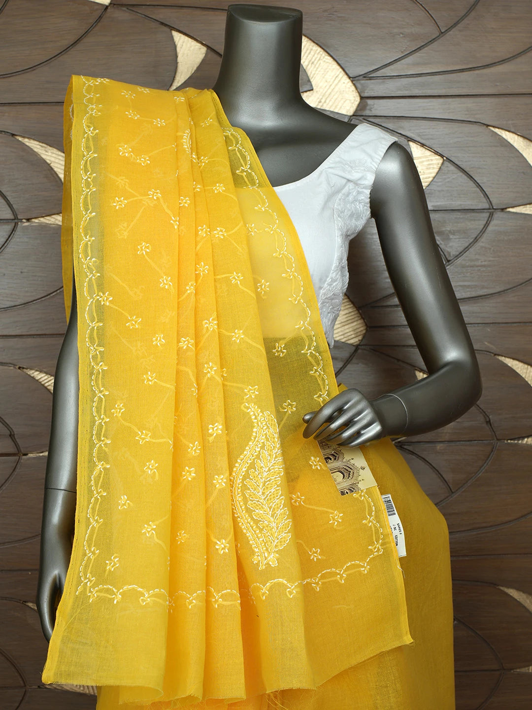 Ada Hand Embroidered Yellow Cotton Lucknowi Chikankari Saree With Blouse 01A882876