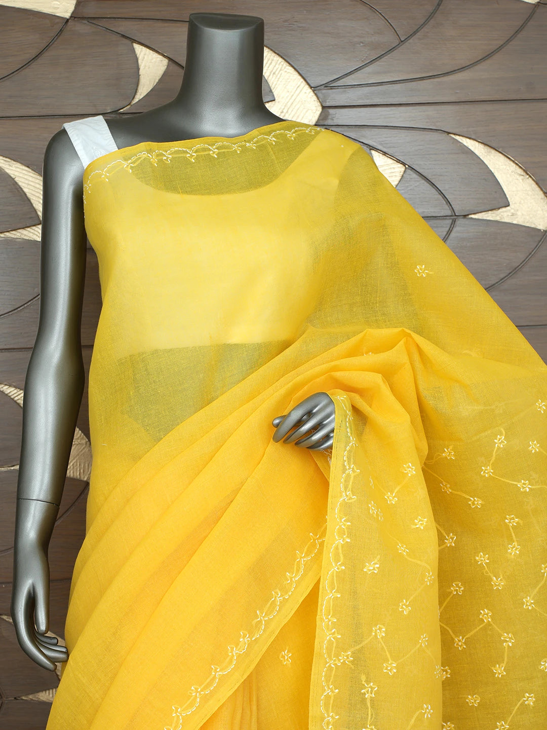 Ada Hand Embroidered Yellow Cotton Lucknowi Chikankari Saree With Blouse 01A882876