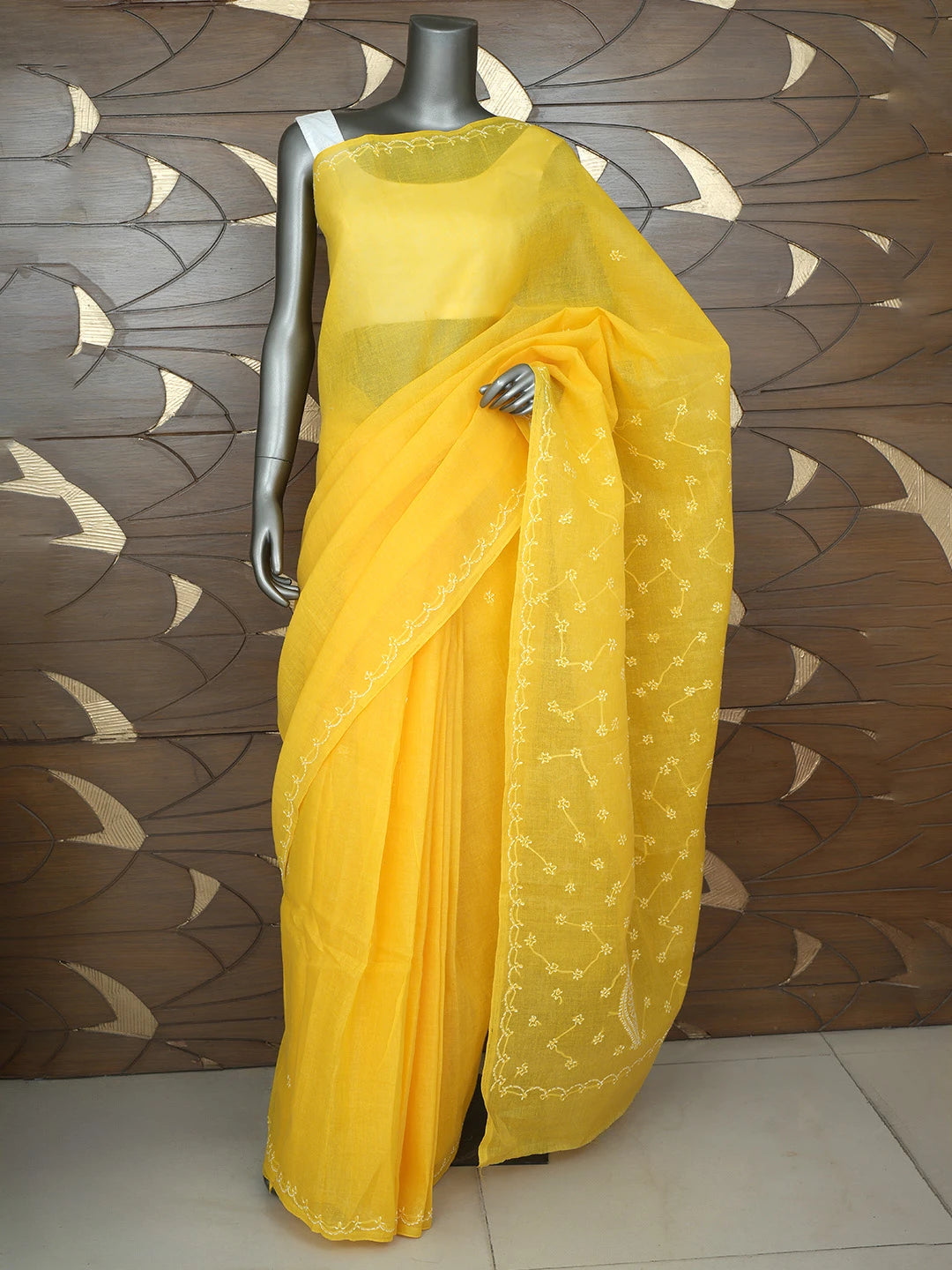 Ada Hand Embroidered Yellow Cotton Lucknowi Chikankari Saree With Blouse 01A882876