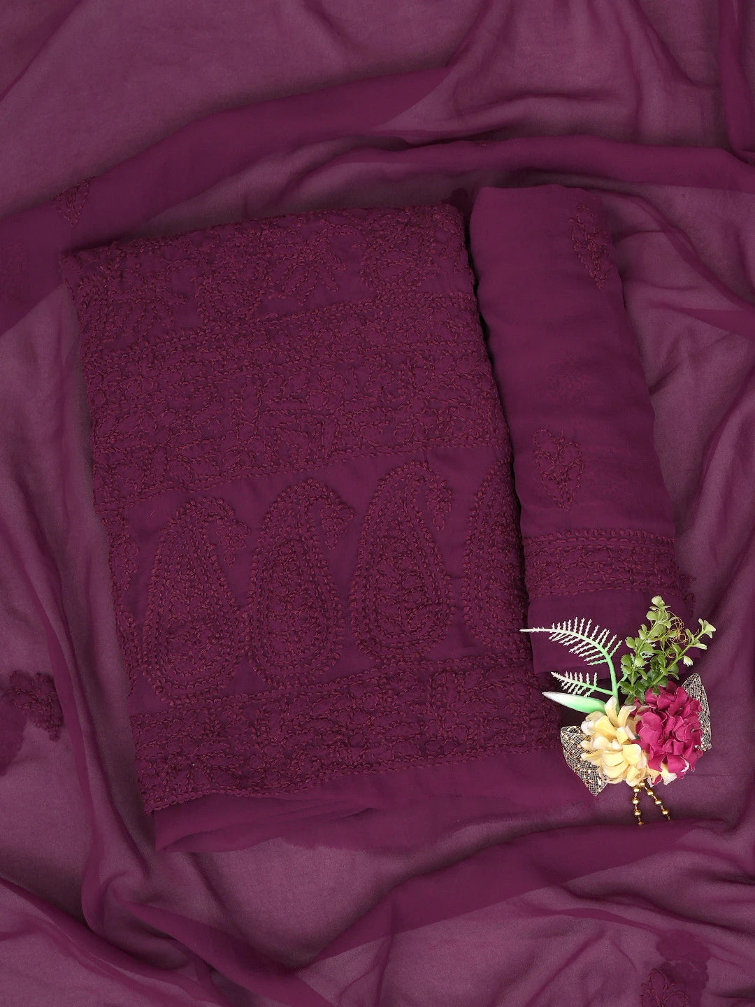 Ada Hand Embroidered Wine Georgette Lucknowi Chikankari Unstitched Suit Piece 01A880686