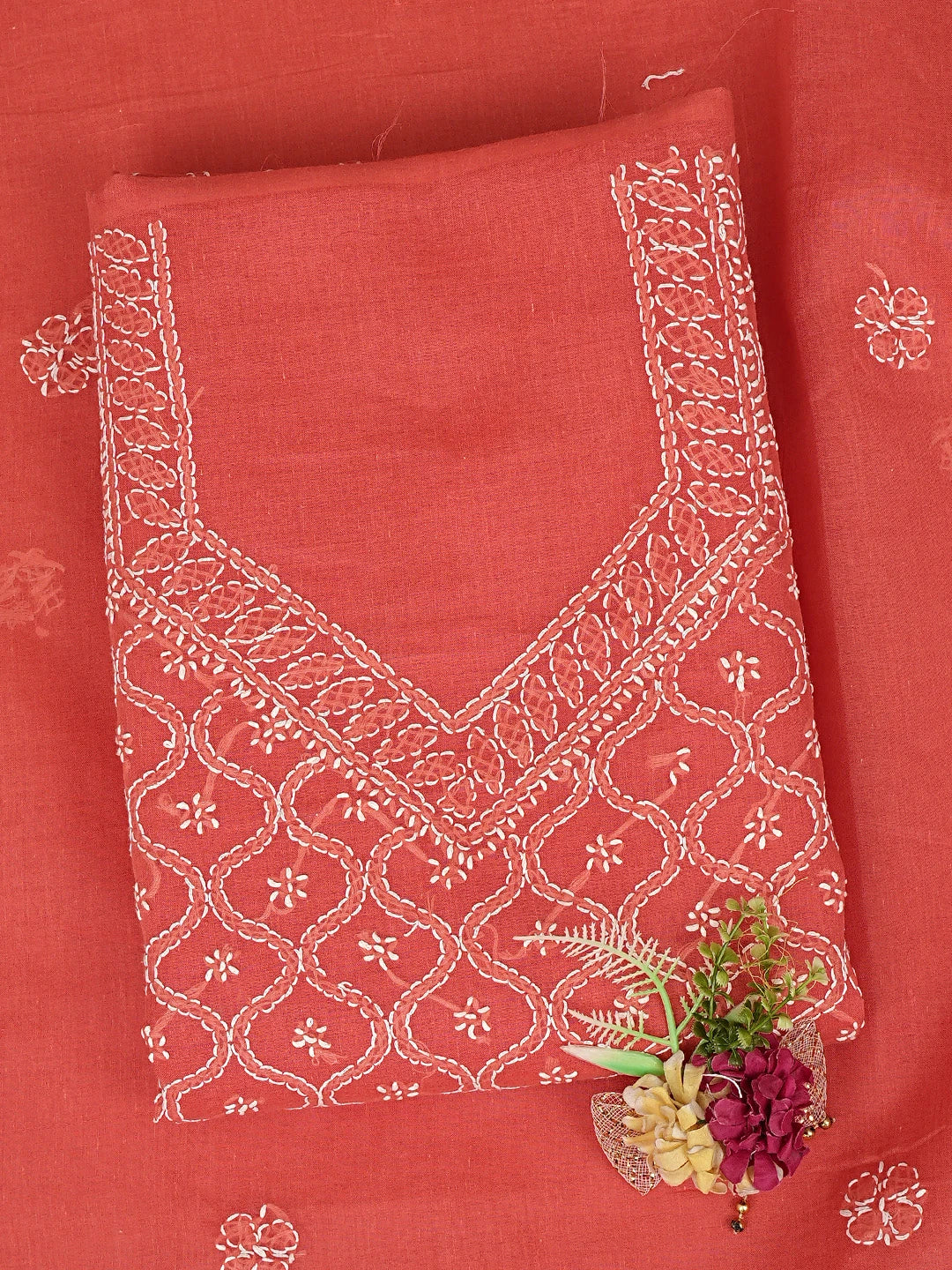 Ada Hand Embroidered Carrot Pink Cotton Lucknowi Chikankari Unstitched Suit Piece 01A882348