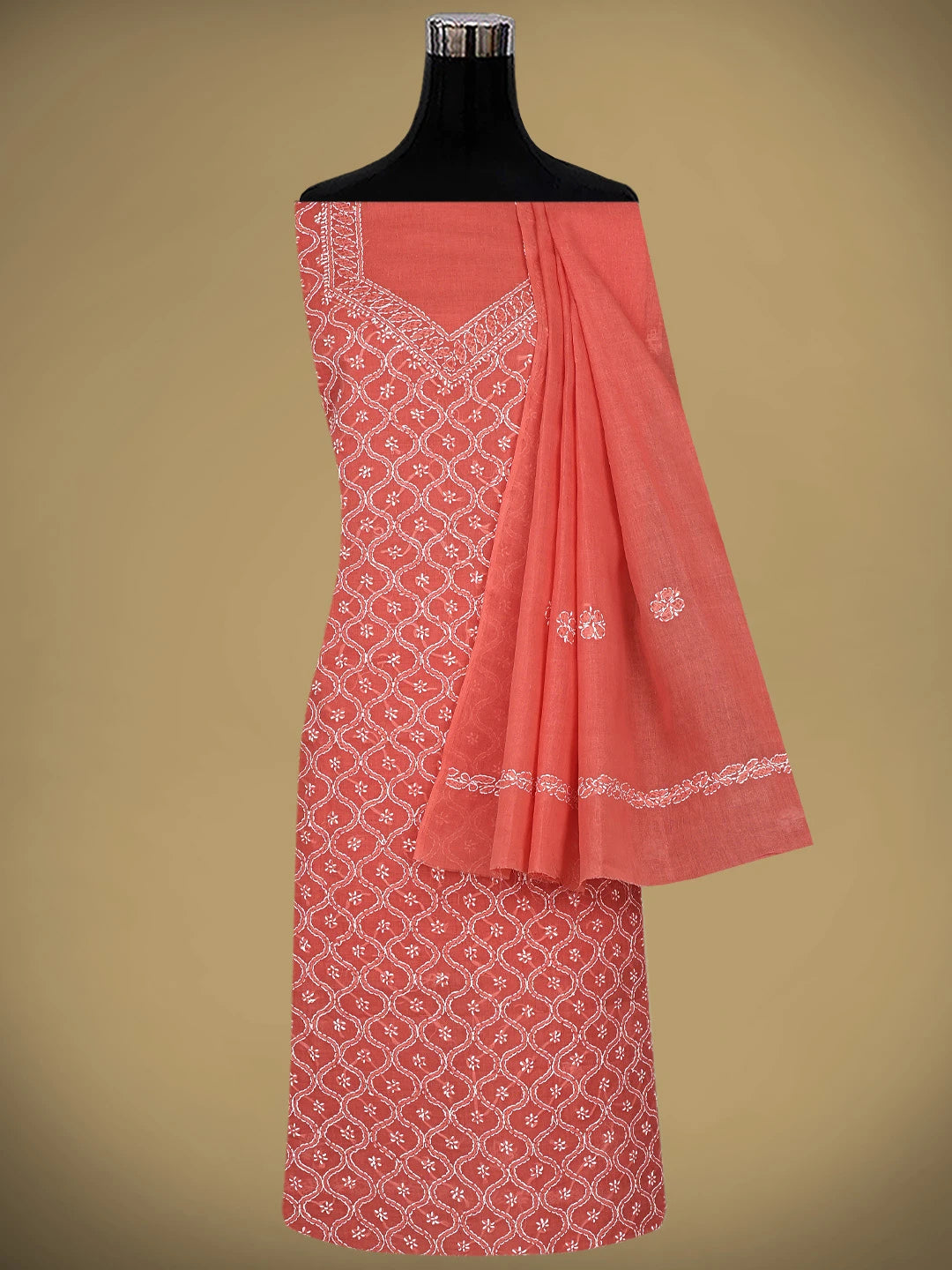 Ada Hand Embroidered Carrot Pink Cotton Lucknowi Chikankari Unstitched Suit Piece 01A882348