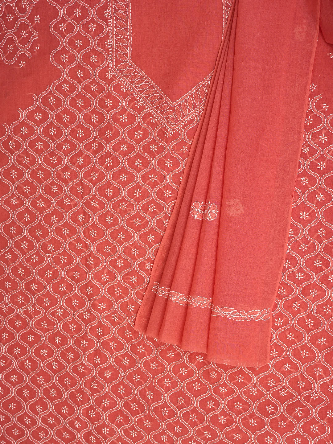 Ada Hand Embroidered Carrot Pink Cotton Lucknowi Chikankari Unstitched Suit Piece 01A882348