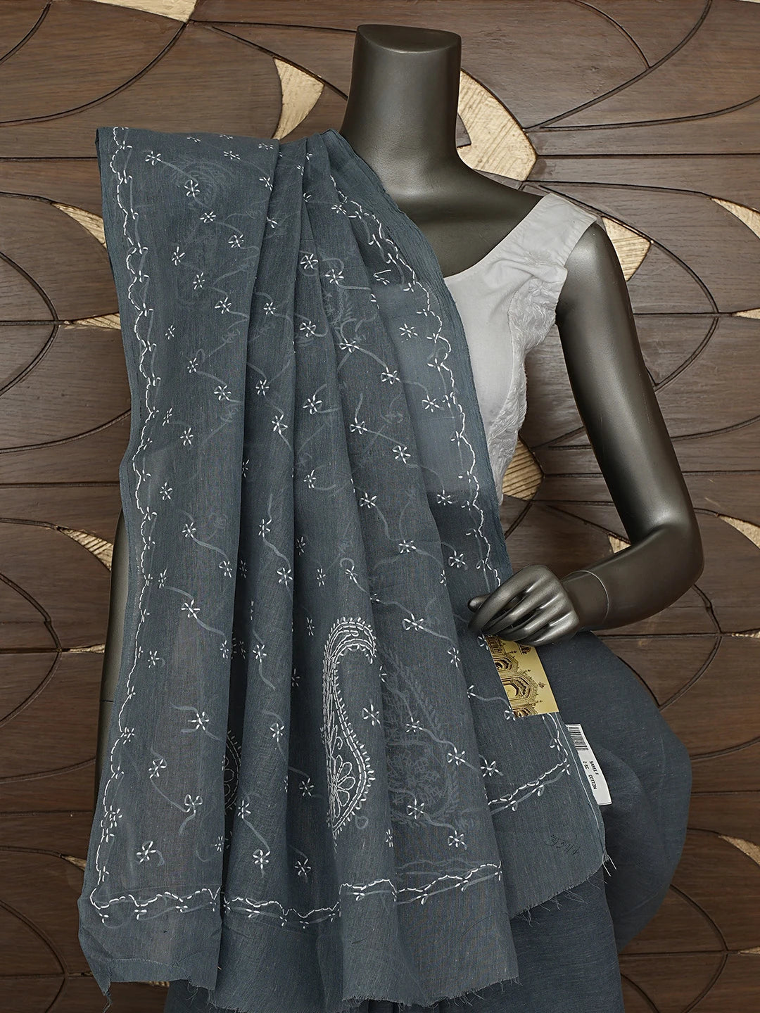 Ada Hand Embroidered Dark Slate Grey Cotton Lucknowi Chikankari Saree With Blouse 01A882898