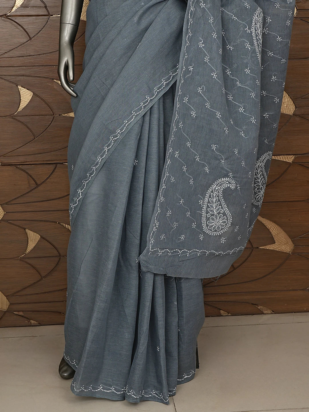 Ada Hand Embroidered Dark Slate Grey Cotton Lucknowi Chikankari Saree With Blouse 01A882898