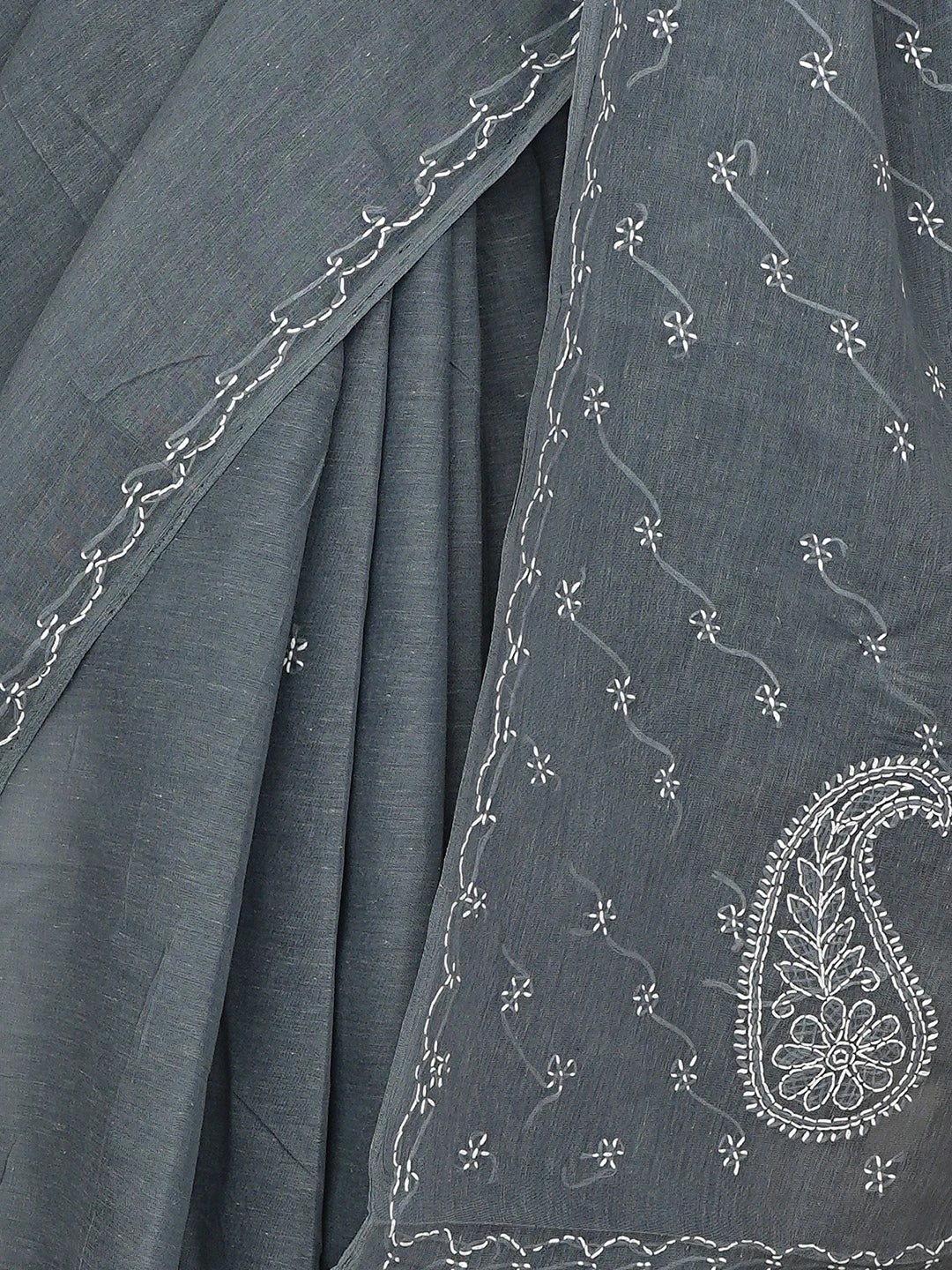 Ada Hand Embroidered Dark Slate Grey Cotton Lucknowi Chikankari Saree With Blouse 01A882898