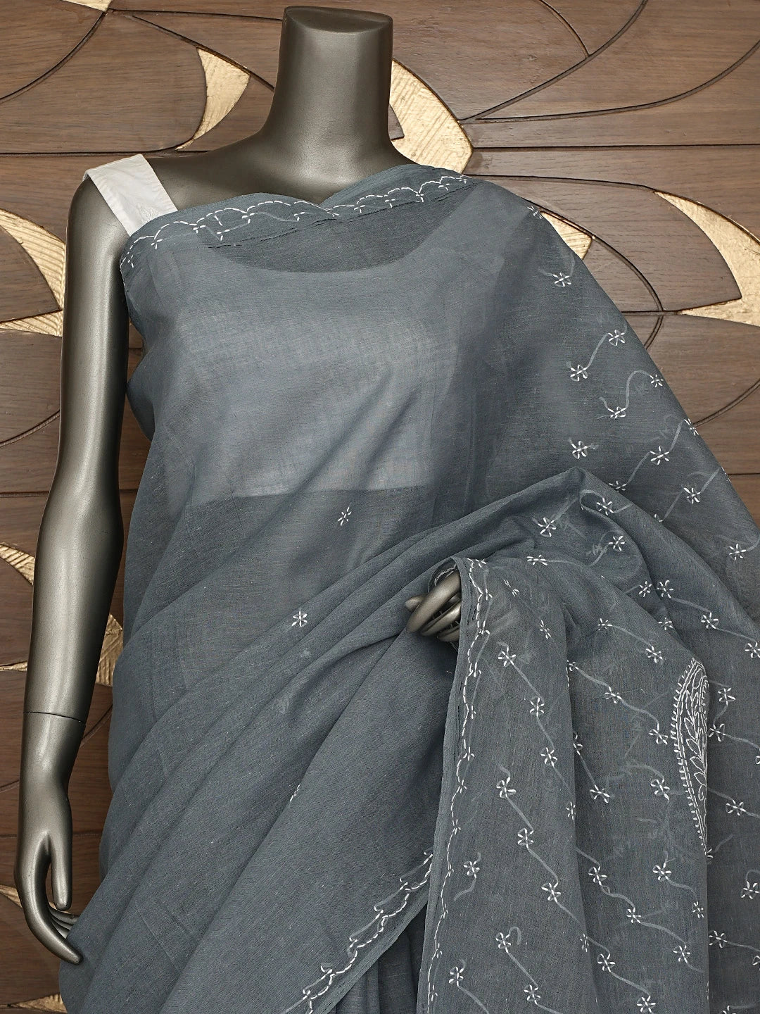 Ada Hand Embroidered Dark Slate Grey Cotton Lucknowi Chikankari Saree With Blouse 01A882898