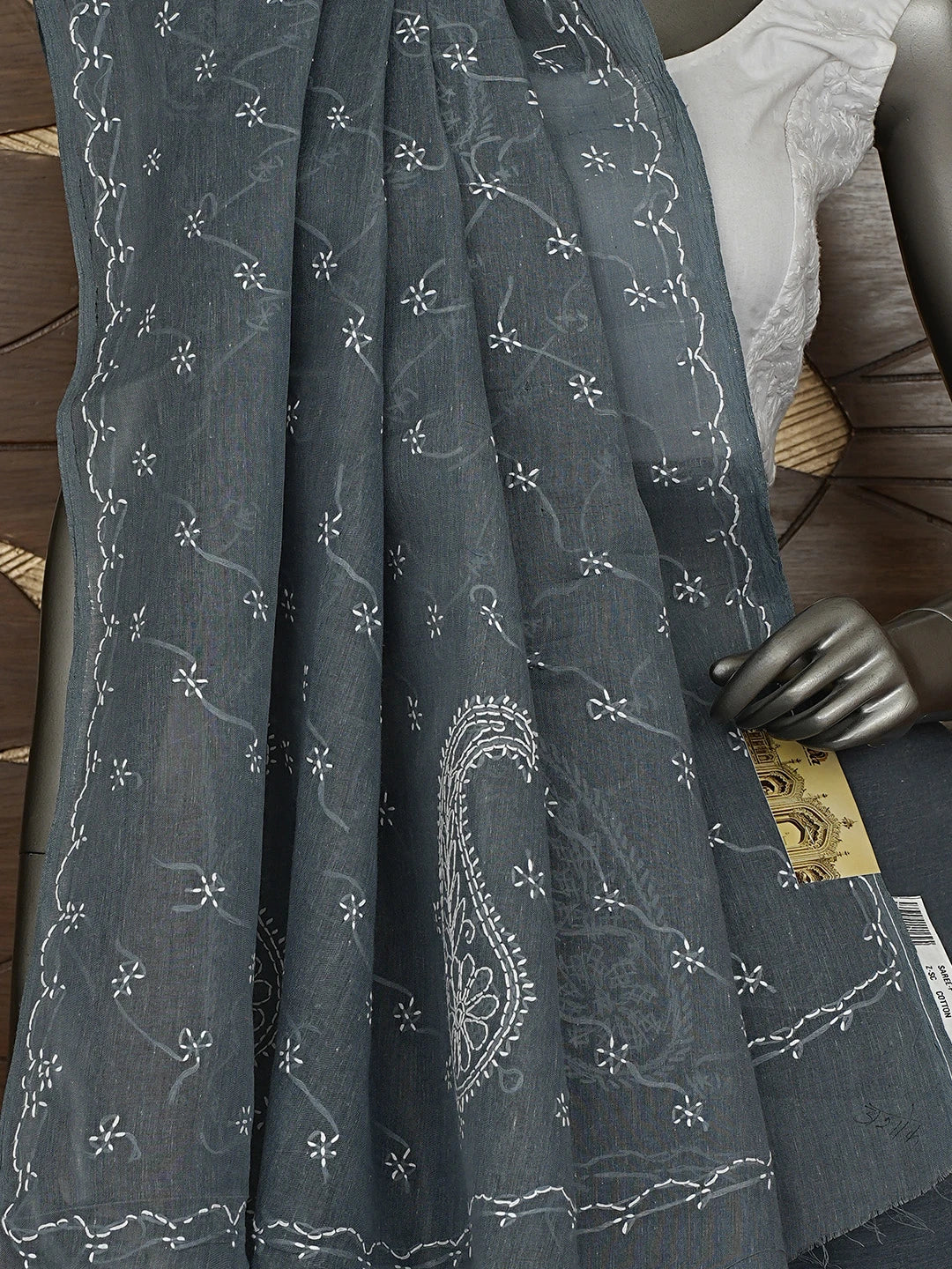 Ada Hand Embroidered Dark Slate Grey Cotton Lucknowi Chikankari Saree With Blouse 01A882898