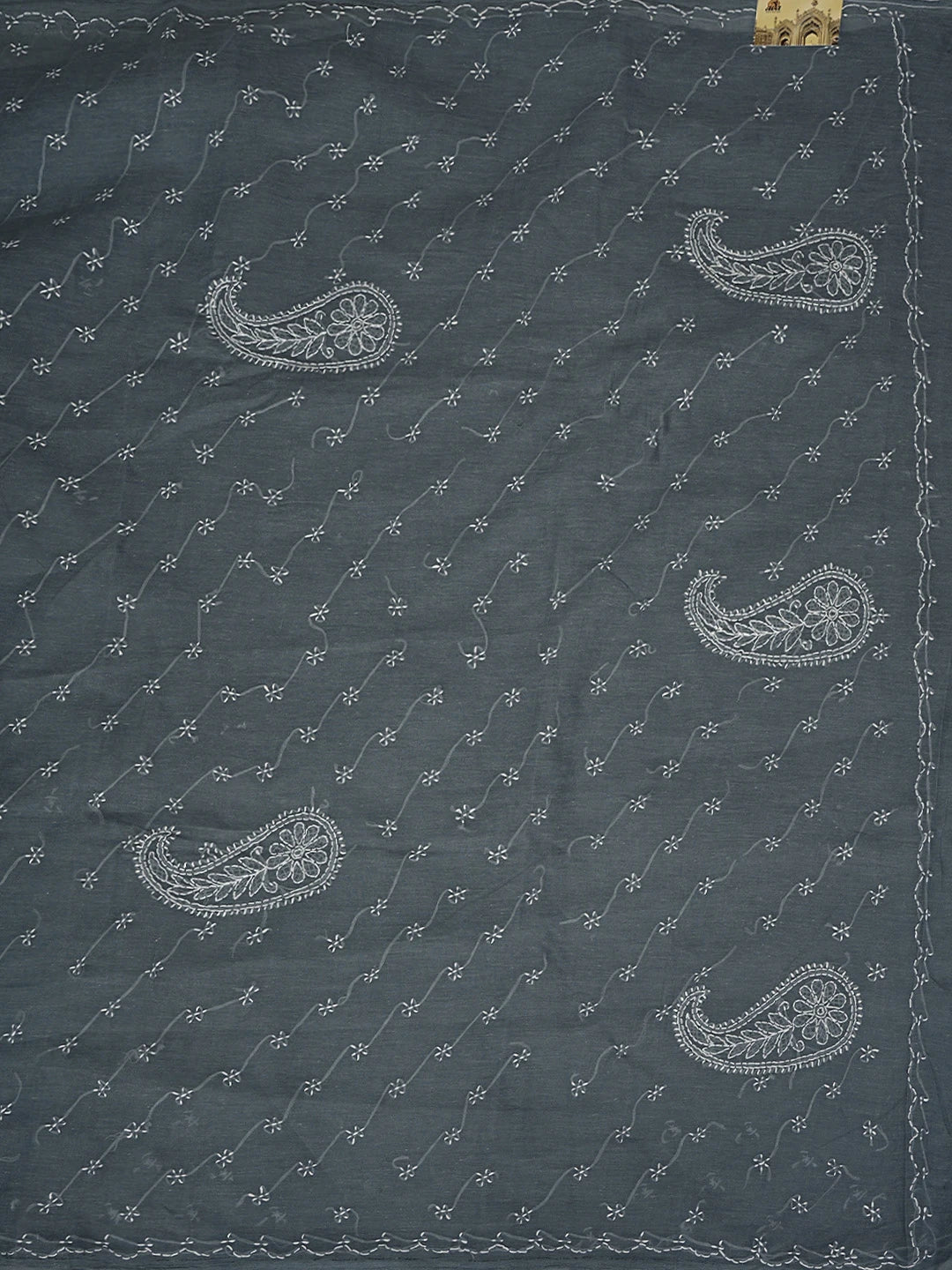 Ada Hand Embroidered Dark Slate Grey Cotton Lucknowi Chikankari Saree With Blouse 01A882898