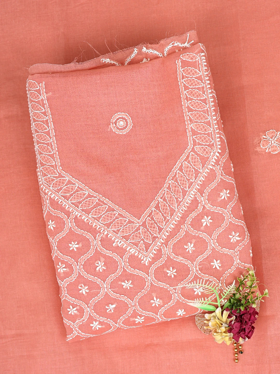 Ada Hand Embroidered Carrot Pink Cotton Lucknowi Chikankari Unstitched Suit Piece 01A882349
