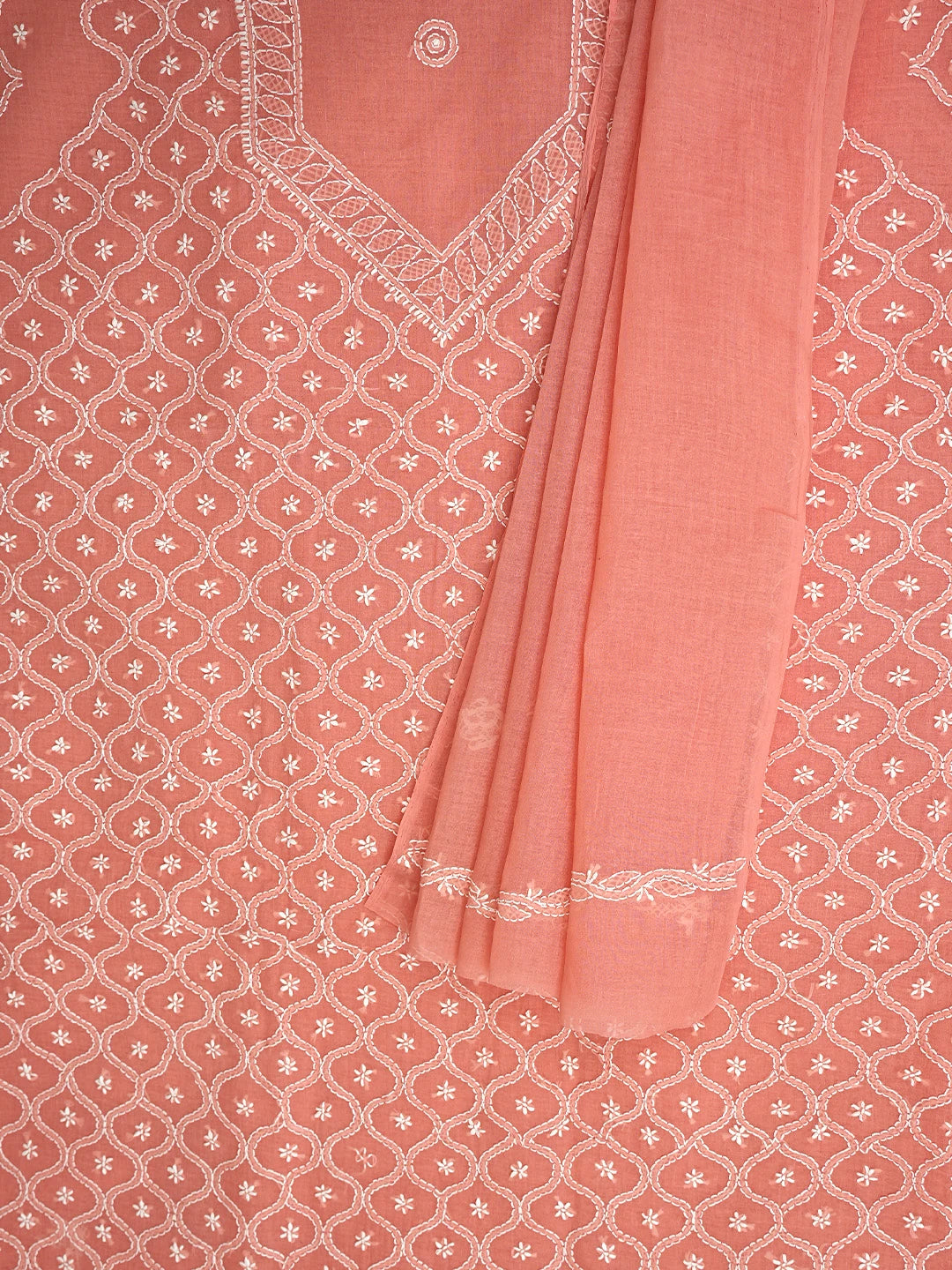 Ada Hand Embroidered Carrot Pink Cotton Lucknowi Chikankari Unstitched Suit Piece 01A882349