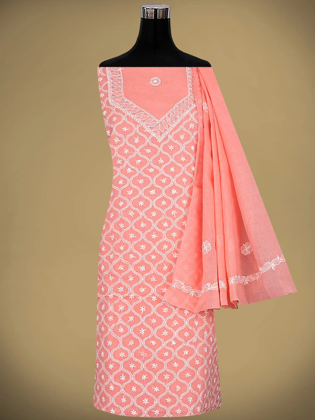 Ada Hand Embroidered Carrot Pink Cotton Lucknowi Chikankari Unstitched Suit Piece 01A882349
