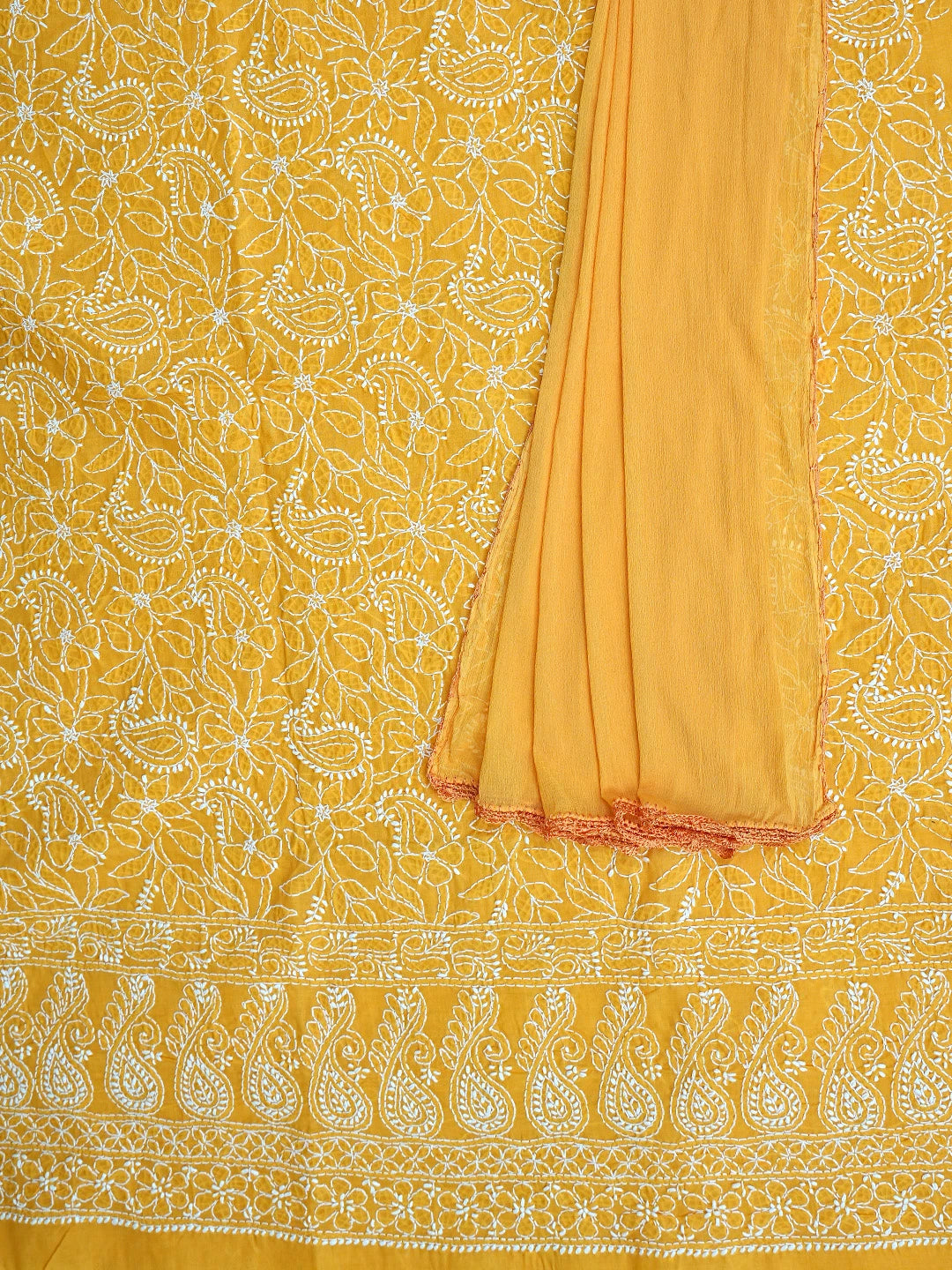 Ada Hand Embroidered Mustard Cotton Lucknowi Chikankari Unstitched Kurta Dupatta Set 01A853605