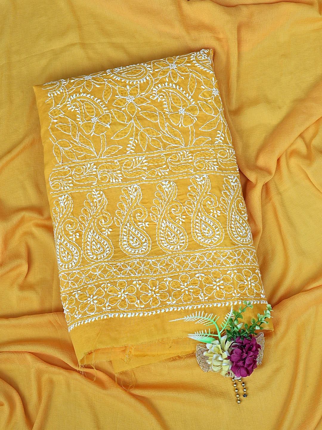 Ada Hand Embroidered Mustard Cotton Lucknowi Chikankari Unstitched Kurta Dupatta Set 01A853605