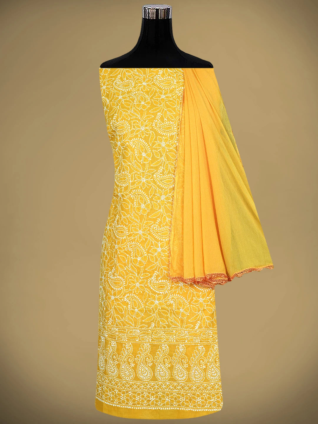 Ada Hand Embroidered Mustard Cotton Lucknowi Chikankari Unstitched Kurta Dupatta Set 01A853605