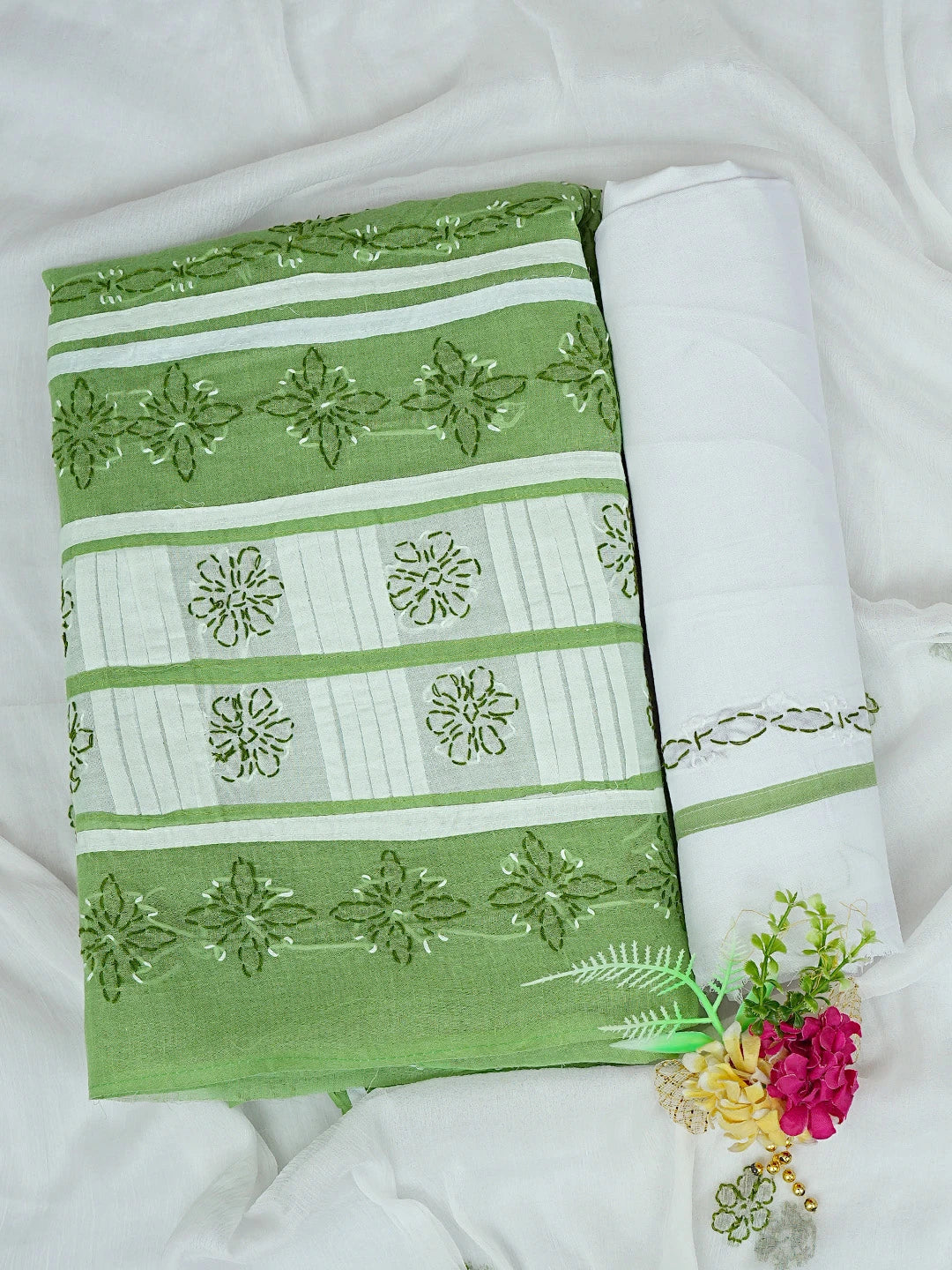 Ada Hand Embroidered Green Cotton Lucknowi Chikankari Unstitched Suit Piece 01A882751