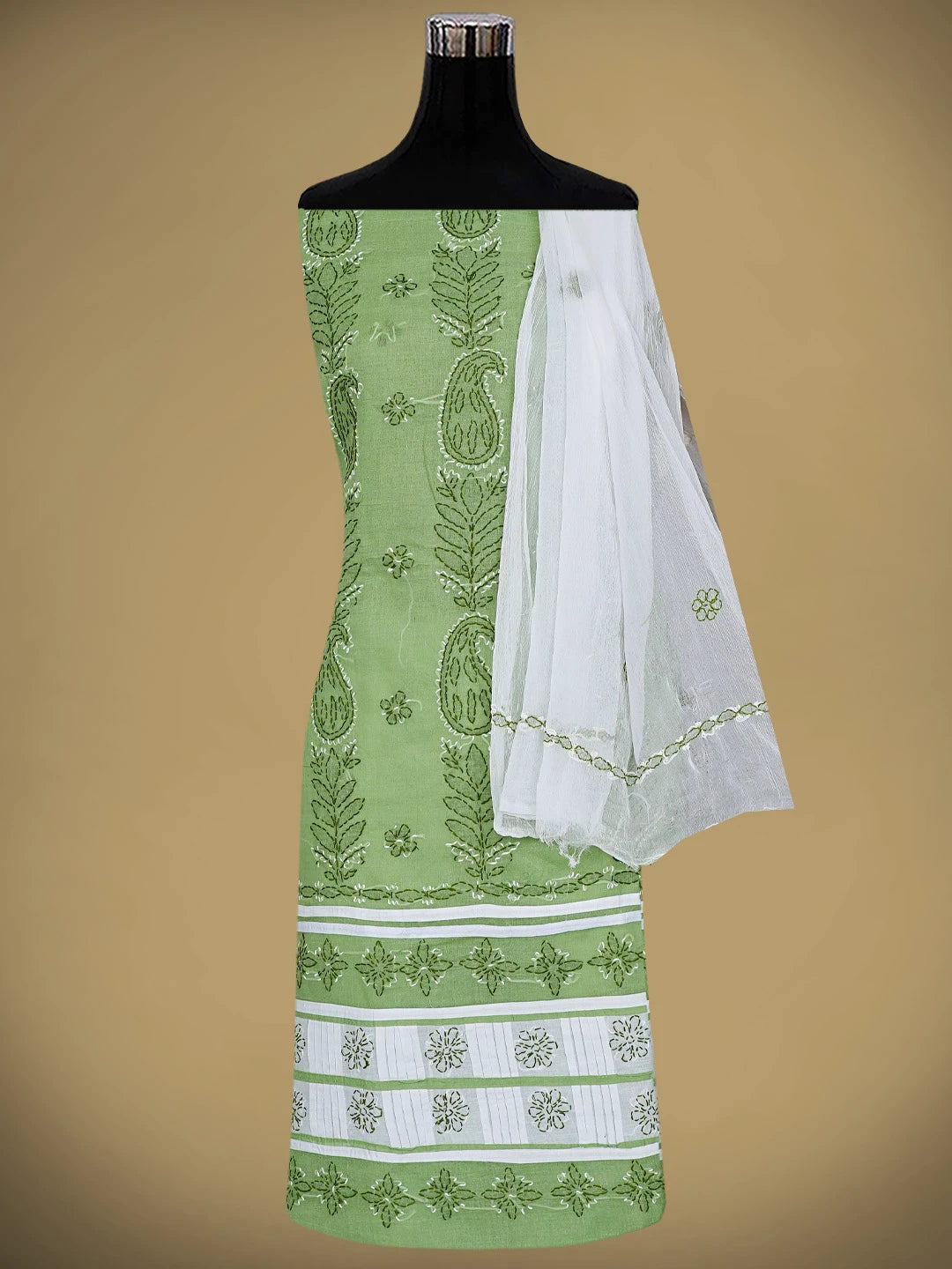 Ada Hand Embroidered Green Cotton Lucknowi Chikankari Unstitched Suit Piece 01A882751