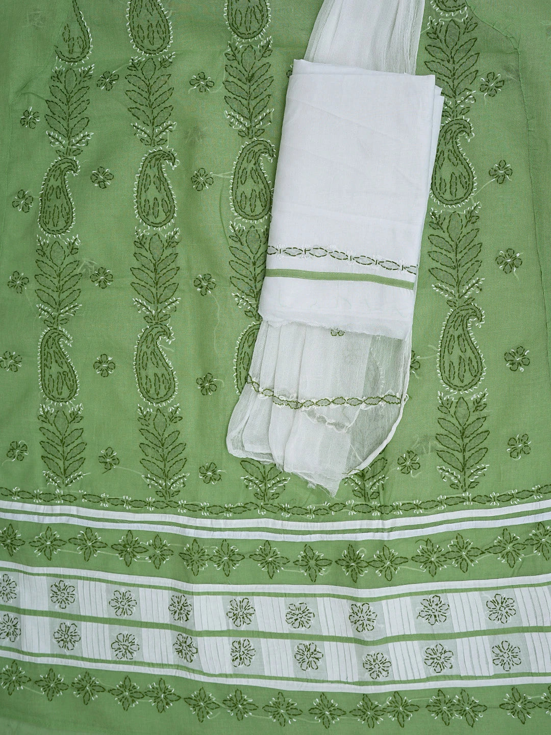 Ada Hand Embroidered Green Cotton Lucknowi Chikankari Unstitched Suit Piece 01A882751