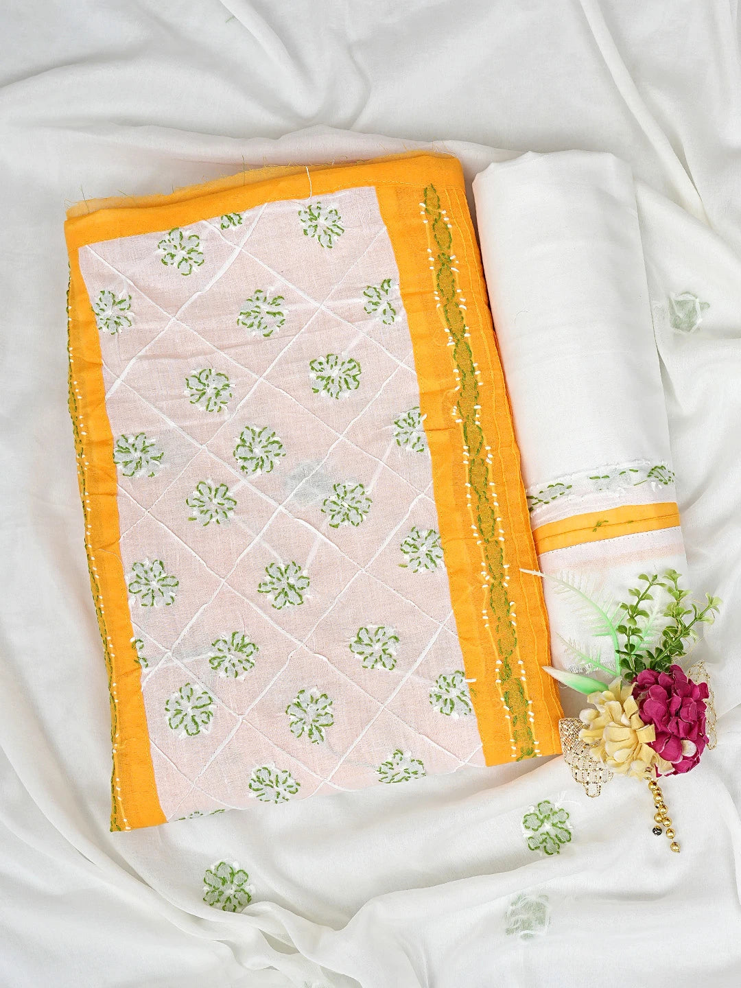 Ada Hand Embroidered Yellow Cotton Lucknowi Chikankari Unstitched Suit Piece 01A882753
