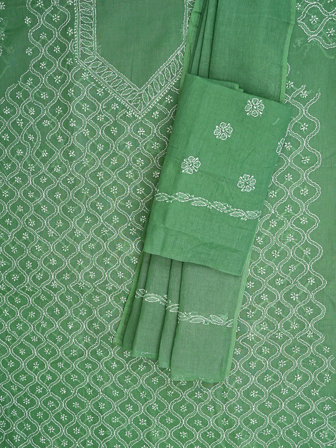 Ada Hand Embroidered Green Cotton Lucknowi Chikankari Unstitched Suit Piece 01A882364